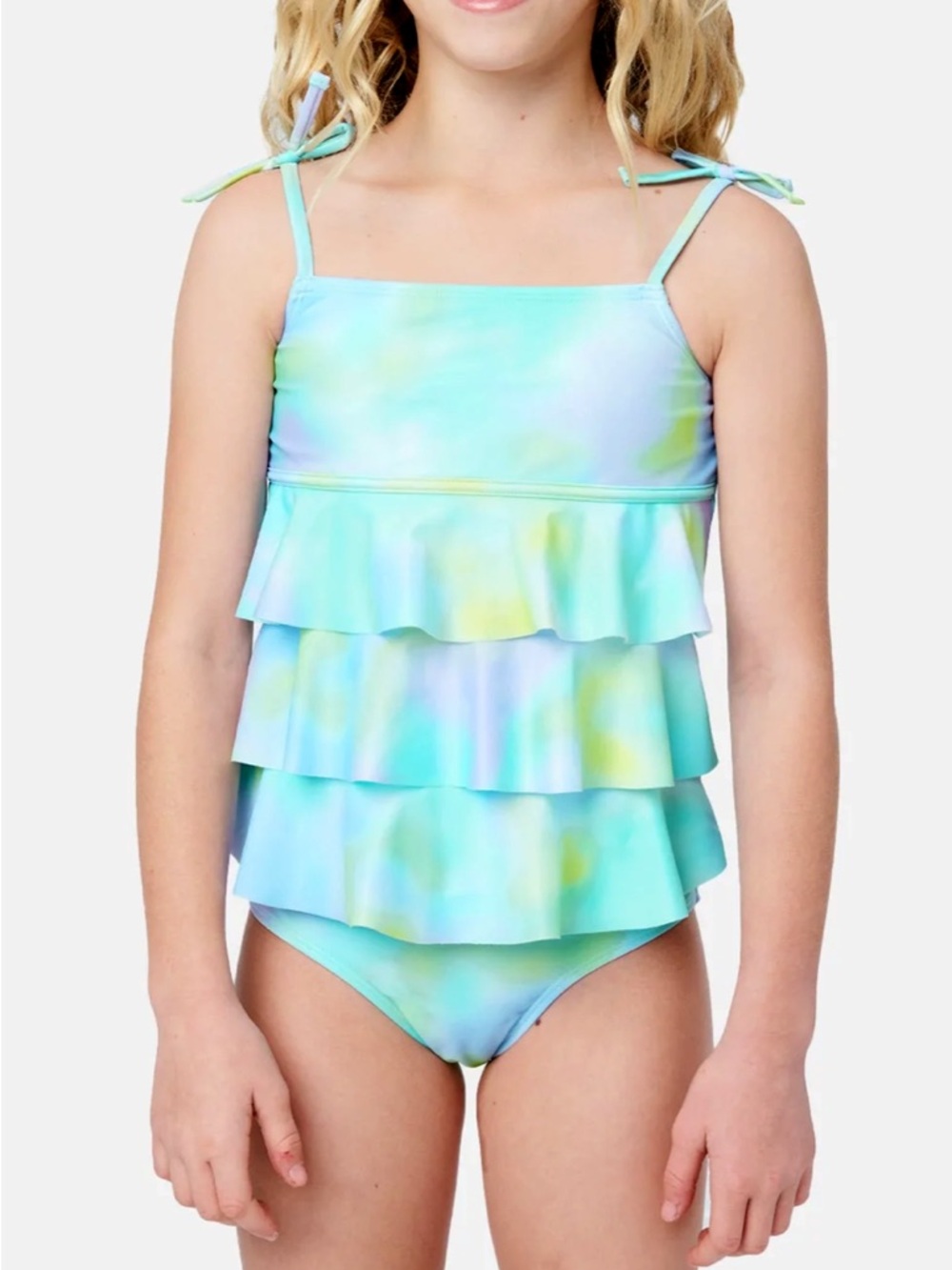 Justice Girls Pastel Tie-Dye Ruffle Bikini Set in Blue, Yellow, Purple